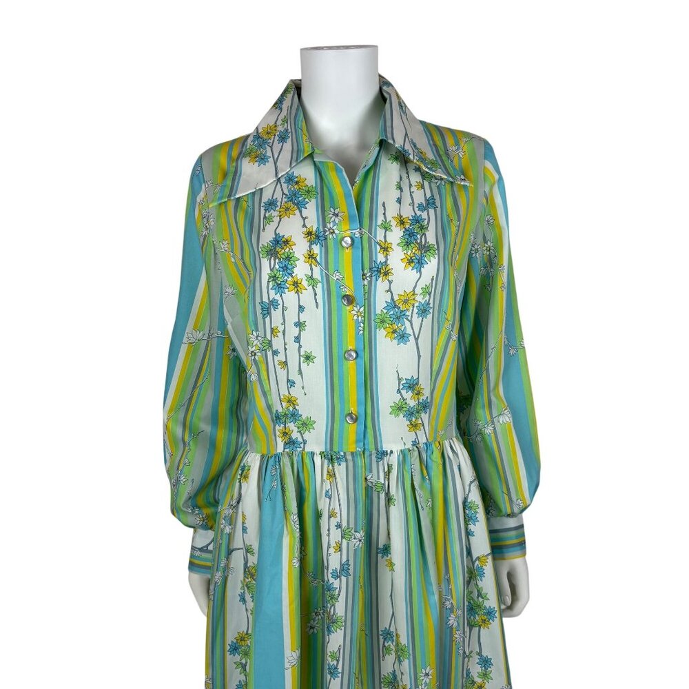 Vintage 60s Striped Dress Womens Large Blue Green Colorful Spring Shirtdress - Picture 3 of 13